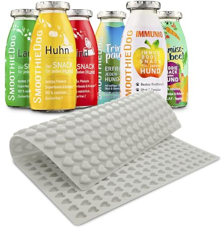 Hunde Smoothie SmoothieDog 6er Mix + Trixie Backmatte Pink - je 1x: Huhn, Rind, Lamm, Ente, Immunio, Veggie - Hundeleckerli selber Machen - Zucker- & glutenfrei - Hundekekse, BPA-Frei - je 250ml