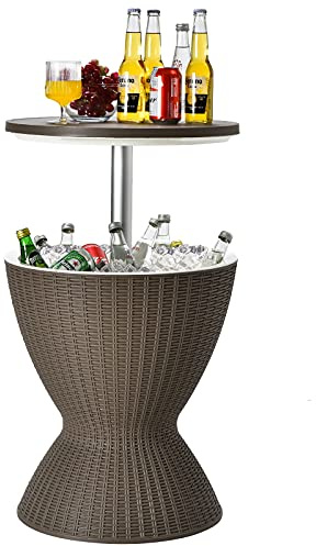 GOPLUS 3 in 1 Cool Bar, höhenverstellbarer Outdoor Beistelltisch & Kühltisch, 30L Getränkekühler mit Abflussloch, Kühlbox wetterfest in Rattanoptik für Bier & Wein, für Garten, Pool & Party, Braun