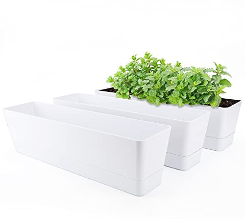 GREANER Window Boxes Planters, 3PCS 16x3.8 Inch Large Herb Planters with Tray, Indoor Succulent Cactus Flowers Vegetable Plastic Rectangle Pot for Balcony, Office, Garden, Outdoor, Windowsill (White)