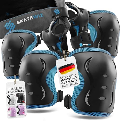 SKATEWIZ Scooter Knee Pads and Elbow Pads for Adult - Wrist Guards Adult - Roller Skating Inline Skates Skateboard Accessories - IMPACT - Size L Blue - Skating Protective Gear