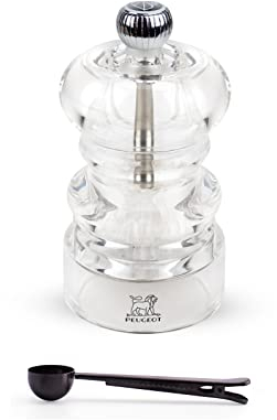 Peugeot - Nancy Manuelle Salzmühle aus Acryl – transparentes, verstellbares Mahlwerk Geschenkset – mit Edelstahl-Gewürzschaufel/Beutelclip, 8,9 cm