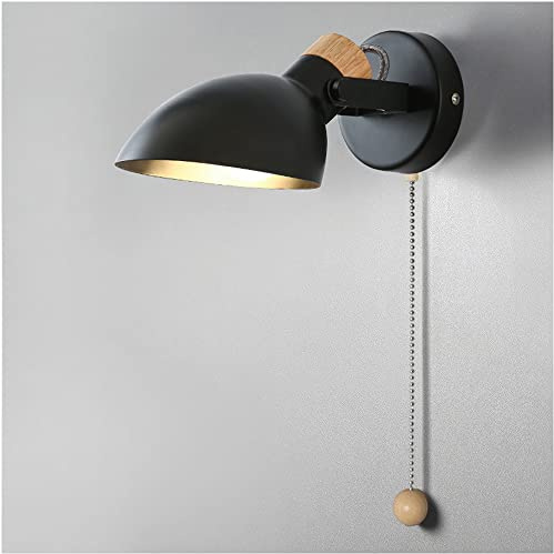 Modern Indoor Wall Lamp with Pull Cord Switch, Nordic Adjustable Wall Spotlight E14 Socket Simple Bedside Reading Light Metal Wall Sconce for Bedroom Living Room Office Study Hallway,Black