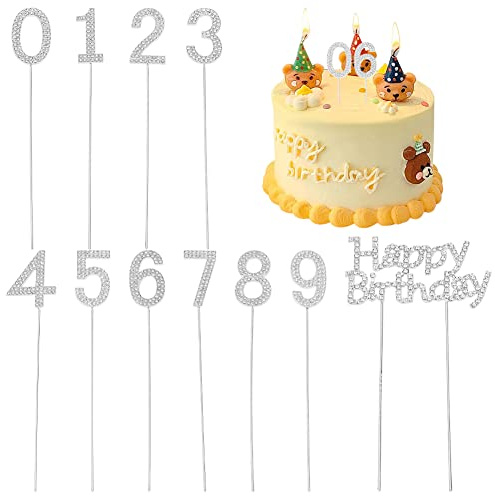FINGERINSPIRE 11 Stück Happy Birthday Tortenaufleger Silber Metall Strass Kuchen Dekoration Nummer 0-9 Geburtstag Kuchen Topper Bling Cupcake Toppers für Party Hochzeit Jahrestag 156~164x16~92.5mm