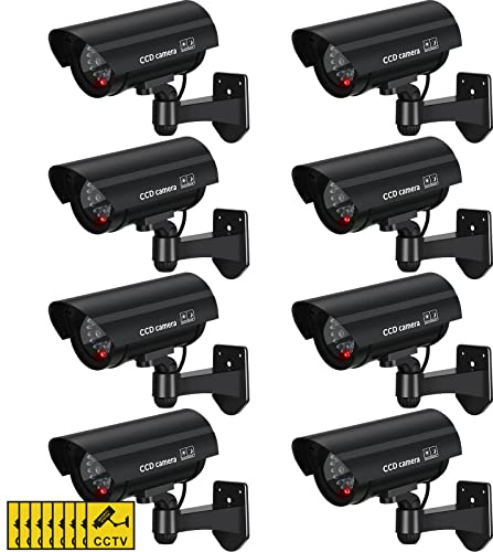 Macarrie 8 Pcs Fake Camera Dummy Security Camera with Flashing LED Light Realistic Plastic Fake Video CCTV for Indoor Outdoor Home Office Store, No Battery Included(Black)
