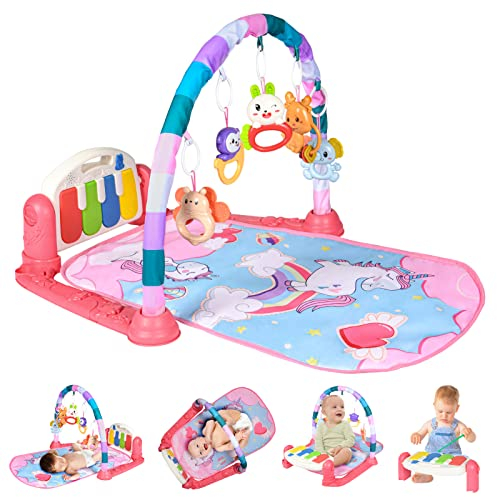 AOMIG Gimnasio De Juegos Para Bebe,Manta de Juego para Bebé con Piano con 3Sonidos y 5Accesorios,Motivo de Animales,Tapete De Juegos Para Bebés de 0-24 Meses que,Alfombra Piano Gimnasio para Bebés
