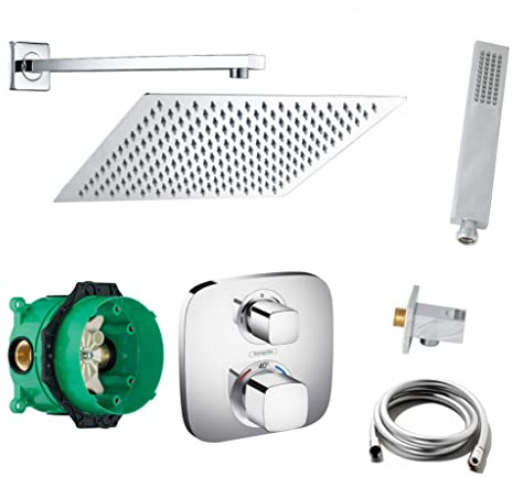 vanvilla Duschsystem Unterputz mit Duscharmatur Hansgrohe poliert HG13. V2 | Duscharmatur von Hansgrohe Ecostat E Thermostat Armatur und vanvilla Regendusche Duschkopf eckig, Dusch-SET poliert