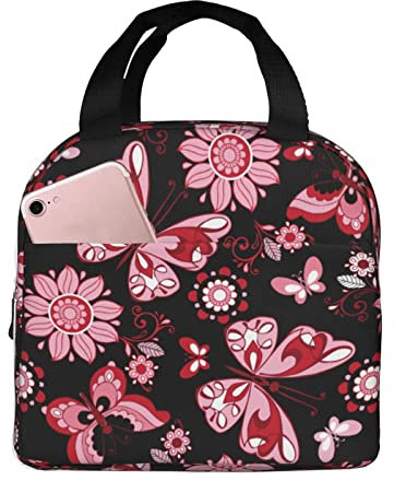 XVBCDFG Bolsas de almuerzo con estampado de mariposas y flores de color rosa para hombres y mujeres, fiambreras reutilizables aisladas, pequeñas bolsas de al
