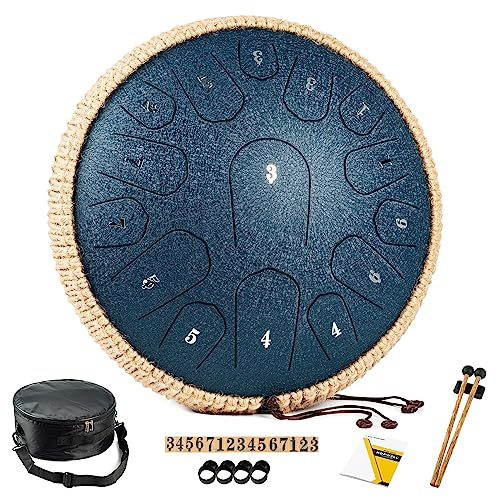 HOPWELL Steel Tongue Drum - 13 Inches 15 Notes Tongue Drum - Hand Pan Drum with Music Book, Handpan Drums Mallets and Carry Bag, D Major (Navy Blue)