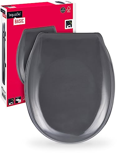 aquaSu® Basic, WC-Sitz in Grau, Duroplast Toilettendeckel mit Absenkautomatik, Belastbar bis 200 kg, Standard O-Form, Take-Off, 409155