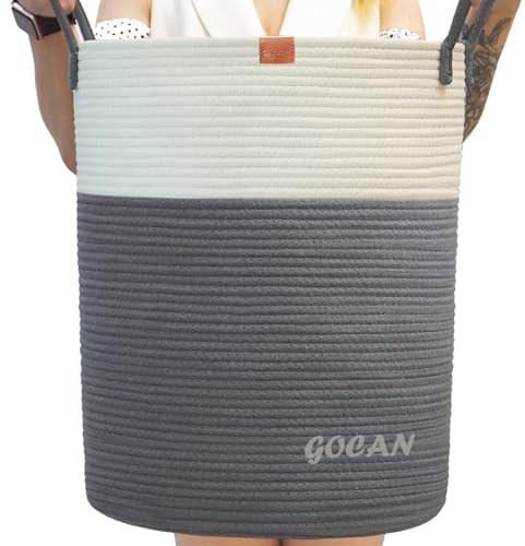 Gocan grande taille haute forte panier à linge tissé panier de rangement oreiller couverture salon ou chambre à coucher décoration jouet h50xd38cm gris/Beige