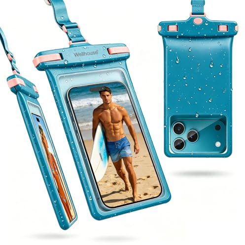 wellhouse Wasserdichte Handytasche/Handyhülle für iPhone 15, 14, 13, 12 Pro Max, XS, Samsung, IPX8, 3D, Strand-Essentials (Blau, 1er-Pack, 0 Zoll (20,3 cm)