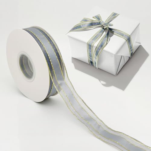 Silber Geschenkband, Geschenkband Stoffband mit Goldverzierung,Silber Band Rolle Organzaband(2.5cm/45m)