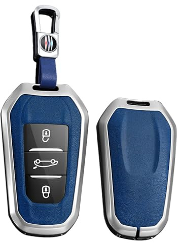 TECART Smart Autoschlüssel Hülle Passt für Citroen Grand C4 Picasso C4L C6 C3-XR DS3 für Peugeot 308 408 508 2008 3008 4008 5008 Leder Schutzhülle Schlüsselcover Zubehör 3 Taste A Silber Blau
