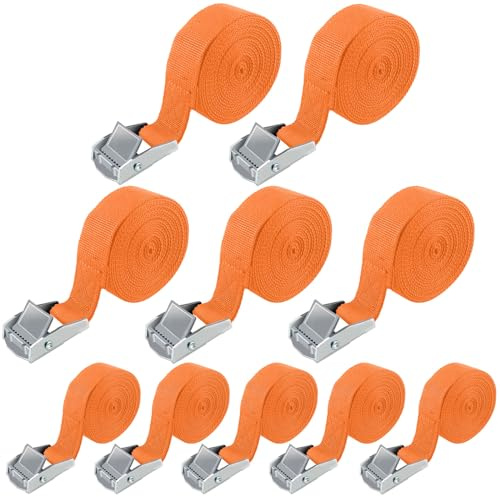 POWZOO Cinghie di Fissaggio,10 Pcs Cinghie di Tensione,4 M x 2.5 cm,capacità di carico 250kg Cinghia di Fissaggio,Arancion Cinghia di Ancoraggio,Adatto per Moto, Auto, Portabiciclette.
