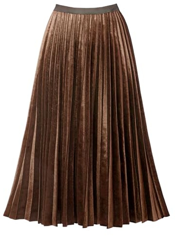 GOOBGS Women's Pleated A-Line High Waist Swing Flare Midi Skirt Velvet Brown Large/X-Large