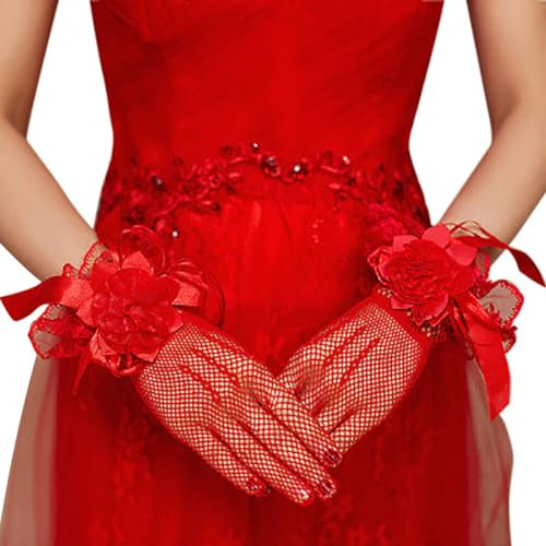 Asudaro Damen Spitze Handschuhe, Elegante Kurze Handschuhe Spitze Handschuhe Frauen Kurze Spitze Brauthandschuhe mit Blume Schleife 26cm Für Hochzeiten, Verlobungen, Urlaub Parteien Rot