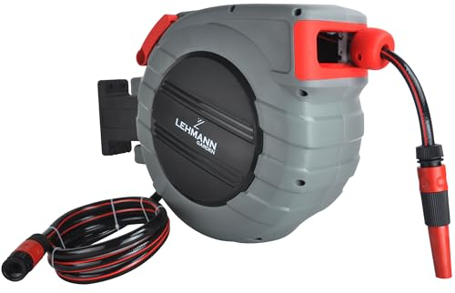 LEHMANN Avvolgitubo da Parete Automatico con Tubo da 35 m + 2 m, Avvolgitubo da Giardino per Irrigazione Flessibile, incl. Tubo di Alimentazione 2 m, Raccordi da 3/4 e 1/2