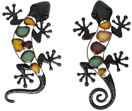 Dexlyn Metall Gecko Gartendeko，Metall Wanddekoration Eidechse Skulptur Hängende 20×40cm Braun (2)