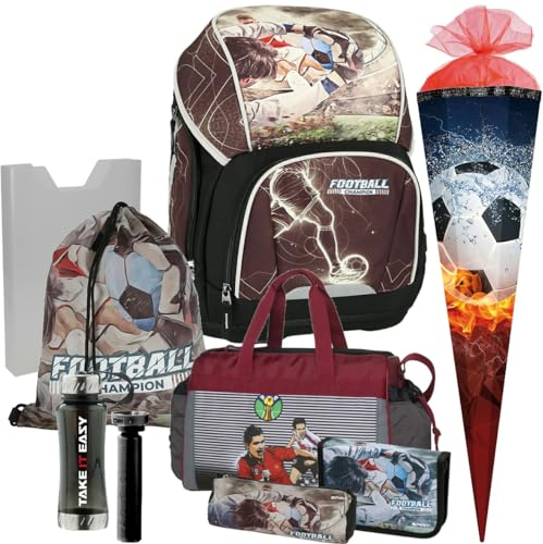 Generisch Football - Fussball - Spirit Vario Schulranzen-Set 8tlg. mit Sporttasche und Schultüte - Trinkflasche Gratis (Soccer Boys, Sporttasche Rot)