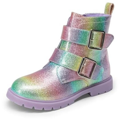 DREAM PAIRS flickor pojkar glitter ankelstövlar sida dragkedja stridsskor med spännen småbarn/litet barn/stort barn, Regnbåge, 22 EU