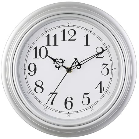 Plumeet Wanduhr Klassisch 25cm Ruhige Retro Wanduhr ohne Tickgeräusche für Wohnzimmer - Schlafzimmer - Batteriebetrieben, Silbrig