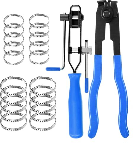2Pack of Pliers Set Stainless Steel Ties Kit, CV Boot Clamp Pliers Set, Banding Tool with 20 Pcs Crimp Bands and 2 Gloves, Automotive Hose Axle Plier, Dust Cover Clip Removal Pliers Repair Tool, Blue