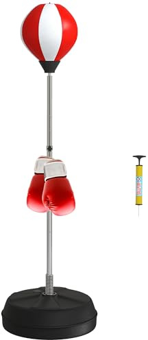 HOMCOM - Muñeco Boxeo, Bolsa para golpear a pie con Bola de pie ajustable en altura 126-144 cm con guantes, bomba y base de lastre para niños y principiantes, color rojo