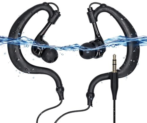 EIMSOAH 3.5mm Waterproof Swimming Headphones Over Ear Sports Ear Buds with Ear Hook for Underwater Running Surfing Stereo Wired Earphones Black