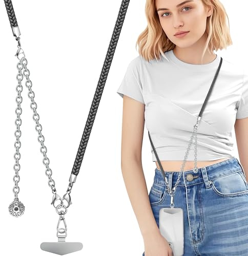 ROCONTRIP 2-In-1 Mobile Phone Lanyard Set Adjustable Crossbody Phone Strap with Detachable Wrist Strap with Metal Tether Tab(Black)
