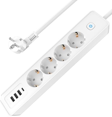 Steckdosenleiste mit USB C 4 Fach Mehrfachsteckdose mit Schalter, Mehrfachstecker Steckerleiste Überspannungsschutz Wandmontage 3680W 16A Verlängerungskabel 1.8M Verteilersteckdose für Heim Weiß