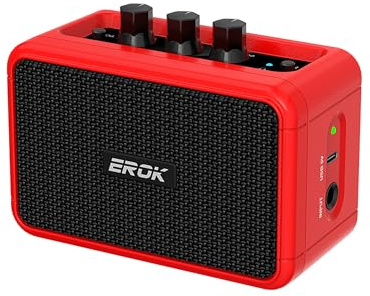 EROK Mini amplificador de guitarra eléctrica, con efectos de sobremarcha limpia, compatible con conexión BT/auriculares, altavoz de práctica de música interior de 5 W (rojo)