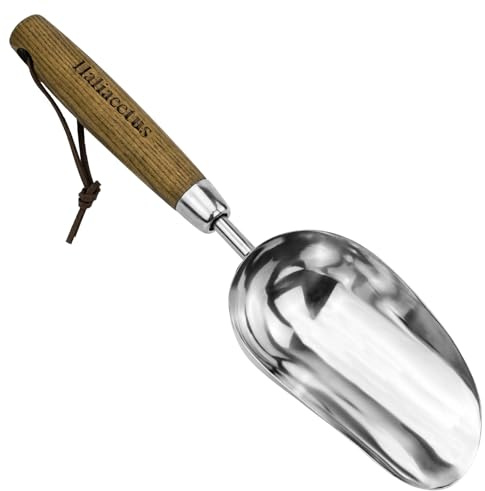Haliaeetus Potting Soil Scoop, Bend-Proof Stainless Steel Garden Scoop, 1 Cup Big Volume Garden Hand Shovel, Comfortable Wood Handle Dirt Trowel for Transplanting, Cultivation, Composting and Planting