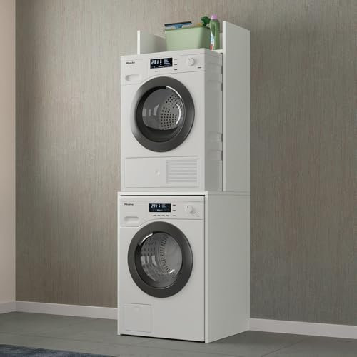 Mobile porta lavatrice e asciugatrice in legno bianco con rialzo L 65 x P 58 x H 195 cm due spazi per gli elettrodomestici e un ripiano porta oggetti con kit di montaggio incluso e piedini di plastica