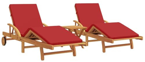 vidaXL Sonnenliege 3 pcs Rot 200 x 67 x 84 cm Massivholz Akazie, Outdoor-Sitzmöbel, moderner Liegestuhl, rechteckig, verstellbare Rückenlehne, Fußstützen, Gartenmöbel