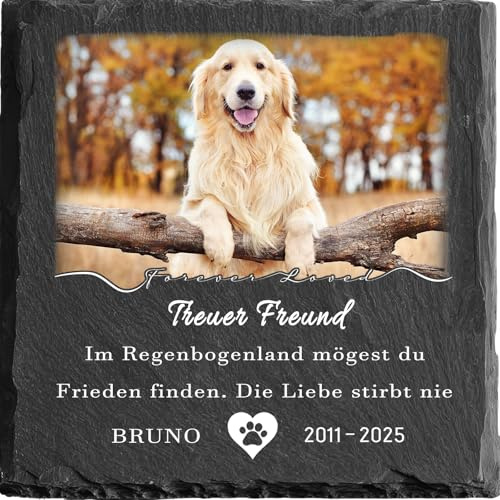 MOMGEGE Personalisierter Tiergrabstein aus Schiefer mit Foto und Text – Grabstein Hund oder Katze, Gedenkstein für Garten und Zuhause – Trauergeschenk bei Tierverlust (003)