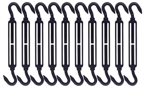 RiaYer 10 Pack Black Stainless Steel M4 Hook and Hook Turnbuckle, Heavy Duty Wire Rope Tensioner, Adjustable Hardware Kit for DIY String Light and Picture Hanging, Shade Sail, Cable Tightening