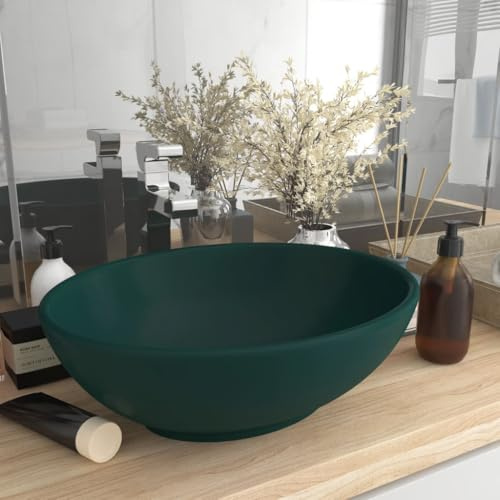 Vasque à poser ovale, Lave-Mains Évier, Convient pour vestiaire, salle de bain, Anti-salissures et résistant aux rayures, Vert foncé mat 40x33 cm Céramique