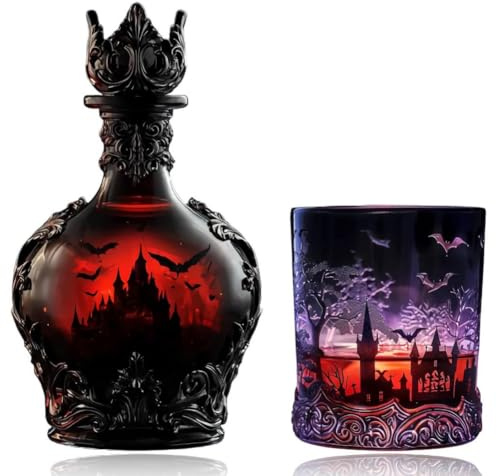 Pufei Magic Potion Style Whiskey Glass Bottle, 2025 Halloween WhiskeyBottle,Gothic Vampire Decanter for Home Bar Tabletop Decor