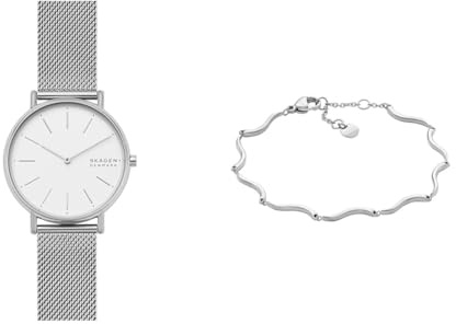 Skagen Damen Signatur Silberfarbene Edelstahl Uhr und Essential Waves Armband, Set