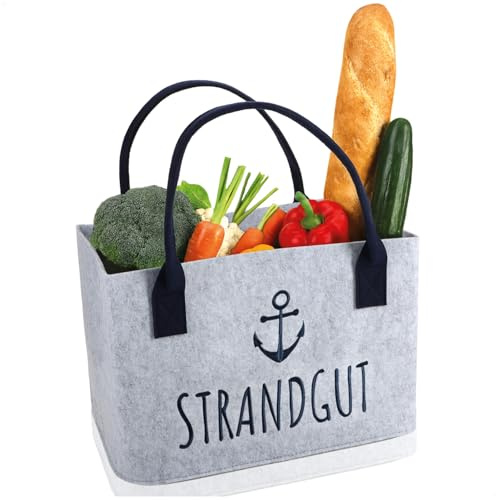 com-four® Filz-Shopper mit Henkel, faltbarer Aufbewahrungskorb aus Filz | Tasche mit maritimem Spruch für Strand - Einkauf & Freizeit - Kaminholz-Tasche 40 x 26 cm