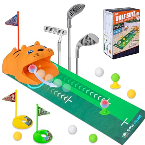 ASSRECT Kids Toy Golf Set with Tiger Automatic Ball Returner, 4 Light-Up Golf Balls, 3 Clubs & Putting Mat, Toddler Mini Golf Games, Indoor Outdoor Sports Toys Gifts for Boys Girls Aged 3-8 (Orange)
