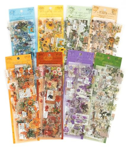 RISYPISY 48 Blatt / 555 Stück Vintage Blumige & Botanische Sticker fürs Journaling, Transparente Cottagecore Scrapbook Aufkleber, wasserdicht – Ideal für Planer, Bullet Journal, Kartenbasteln