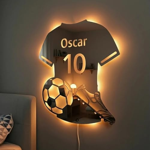 Personalisierter Spiegel Fußballspieler LED Schild mit Namen & Nummer, LED beleuchteter Acryl Wandspiegel Wandlampe fürs Kinderzimmer, Individuelle Wanddeko & Geburtstagsgeschenk für Jungen Mädchen