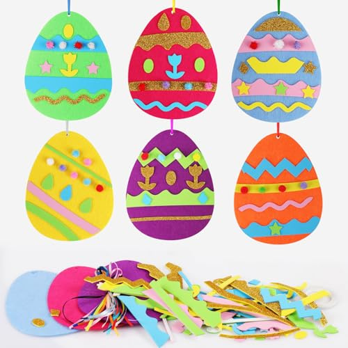 12 Stück Ostern Basteln Kinder, Ostereier Bastelset für Kinder mit Filz und Selbstklebenden Moosgummi Teilen, Kunsthandwerk Ostern Anhänger Deko für Osterzeit, Frühling und Kindern Ostergeschenke