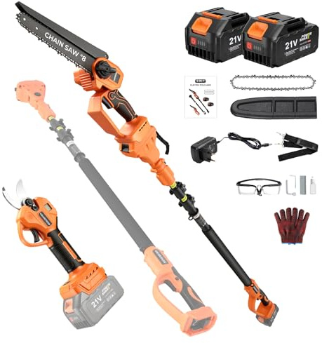 4-in-1 Akku Hochentaster und Astschere mit Teleskopstiel, 8-Zoll Bürstenlose Mini-Kettensäge mit 2 x 4.0Ah Batterien, 4,9m Reichweite Elektrische Kettensäge für Baum Trimmen Ast Schneiden Gartengerät