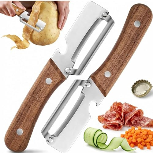 2x Pelador Multifuncional 3 en 1 de Acero Inoxidable con Mango de Madera Ergonómico, Pelador Patatas y Pelador Verduras con Abrebotellas y Cortador para Embutidos – Diseño Zero Snag