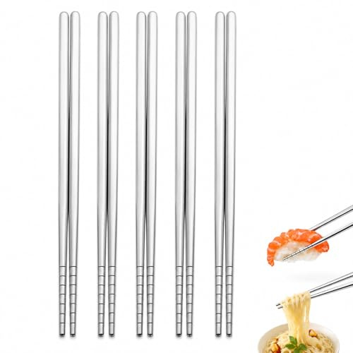 5 Pairs Stainless Steel Chopsticks Reusable, Multicolor Lightweight 304 Metal Chopsticks Square Non-Slip Chopsticks Dishwasher Safe, Silver Hollow