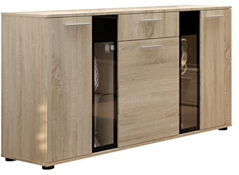 Kommode Salsa Anrichte Highboard Sideboard Schrank Naturtöne Mehrzweckschrank Wohnzimmerschrank, Anrichte (mit Blauer LED Beleuchtung, Sonoma Eiche)