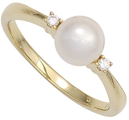 Jobo Damen-Ring aus 14 Karat 585 Gold mit Perle und 2 Diamanten Größe 52