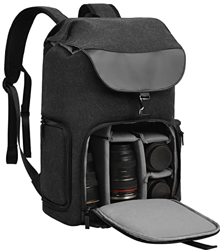 CADeN Kamerarucksack, Leinwand Professionell Fotorucksack Vintage Kameratasche 15.6''Laptopfach Kompatibel mit Canon Nikon Sony Pentax Objektiv und Stativ, Schwarz
